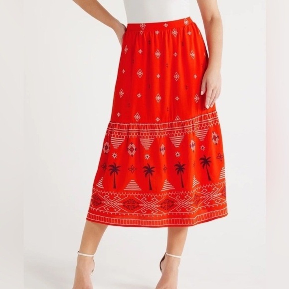 Sofia Jeans by Sofia Vergara Midi Skirt‎ Womens XS Orange Embroidered
